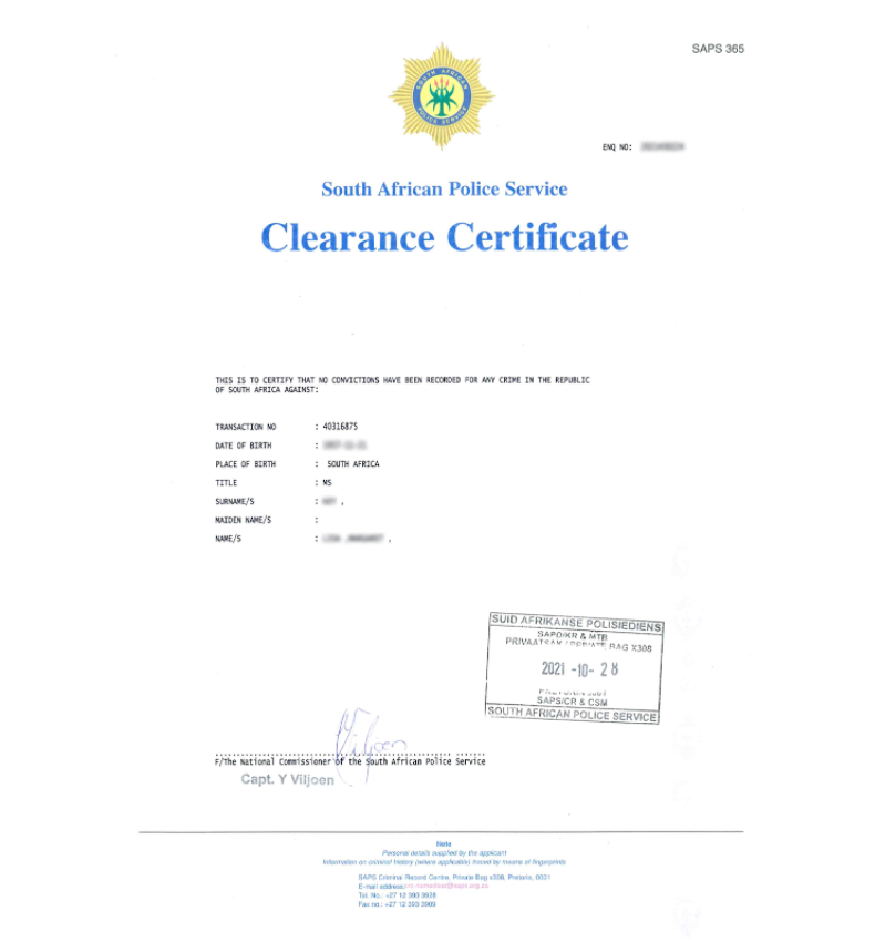 Police clearance Certificate example